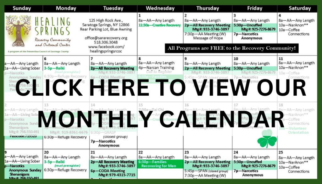 Healing Springs Calendar - Prevention Council Healing Springs Monthly Calendar