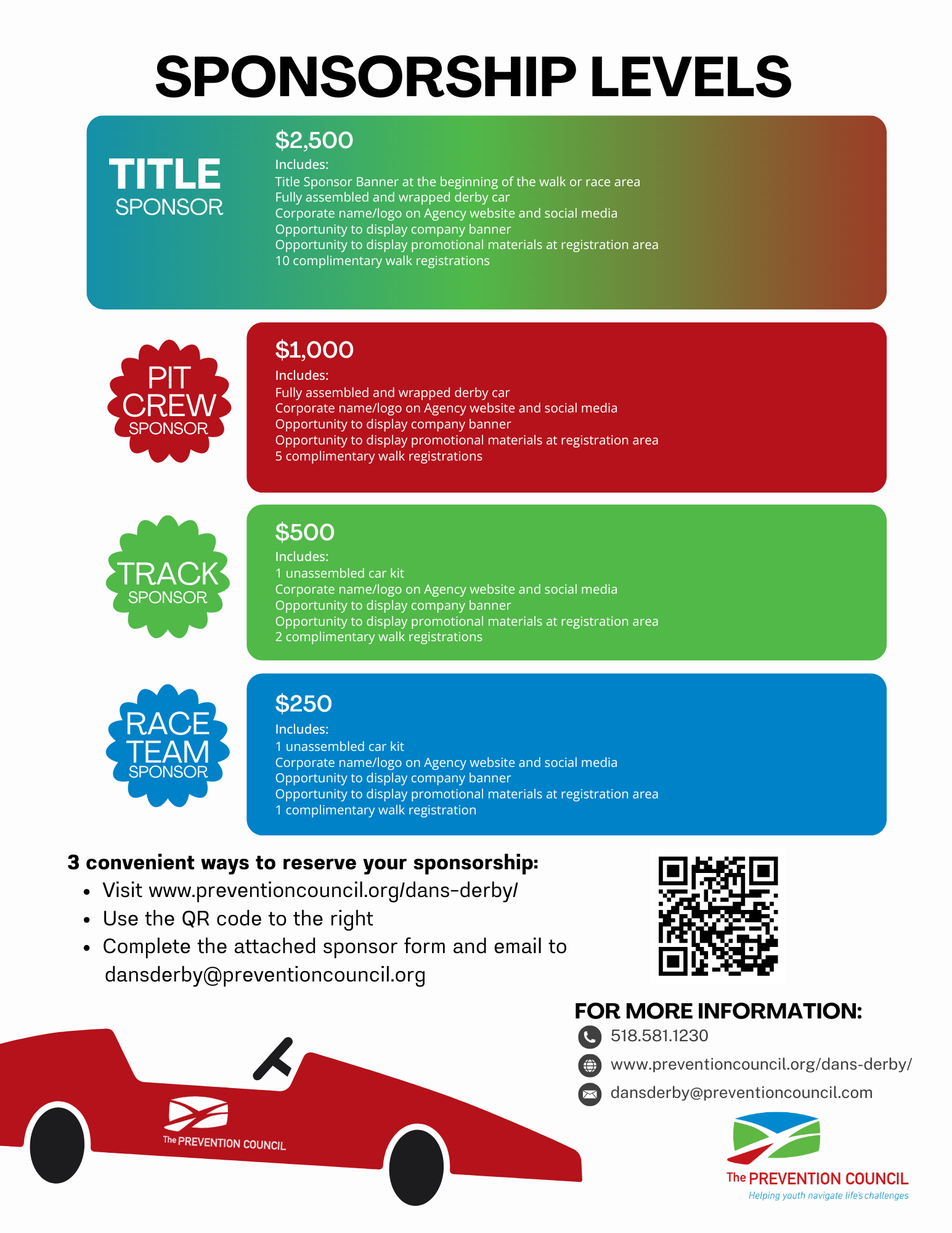 Infographic of sponsorship levels with color blocks and amounts (e.g., $2,500, $1,000, $500, $250) and decorative sponsor logos on a white background.