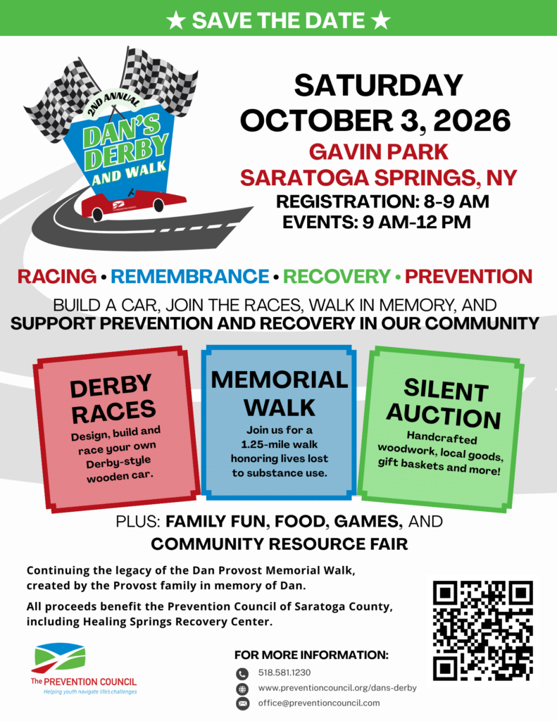 Event poster for Dan's Derby and Walk on Saturday Oct 3, 2026 at Gavin Park, Saratoga Springs, NY (registration 8–9 AM; events 9 AM–12 PM).